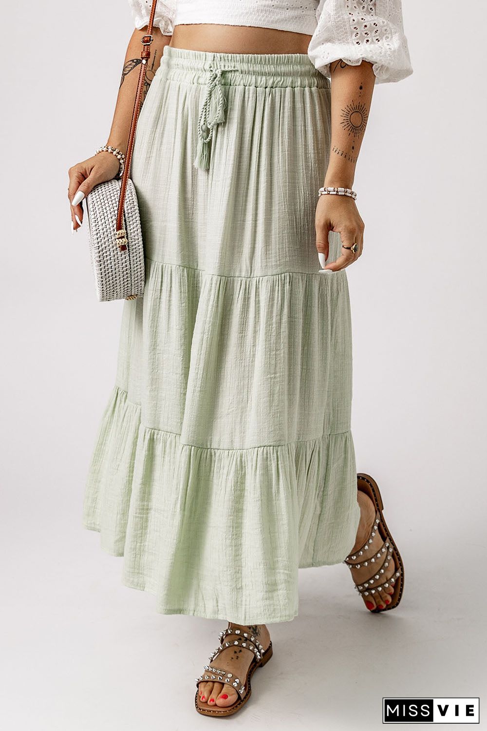 Green Drawstring High Waist Tiered Long Skirt