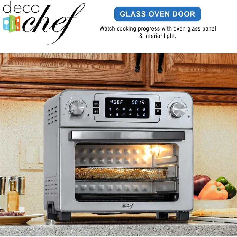 Deco Chef DGTQAIRSTS 24 QT Stainless Steel Countertop 1700 Watt Toaster Oven with Built-in Air Fryer and Included Rotisserie Assembly， Grill Rack， Frying Basket， and Baking Pan