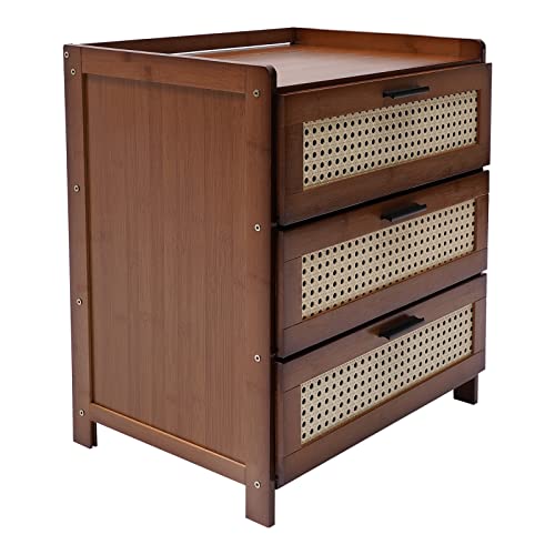 OUKANING Bedroom Bamboo Night Table Furniture Nightstand Bedside Cabinet Side End Table Storage Shelf with 3 Drawers