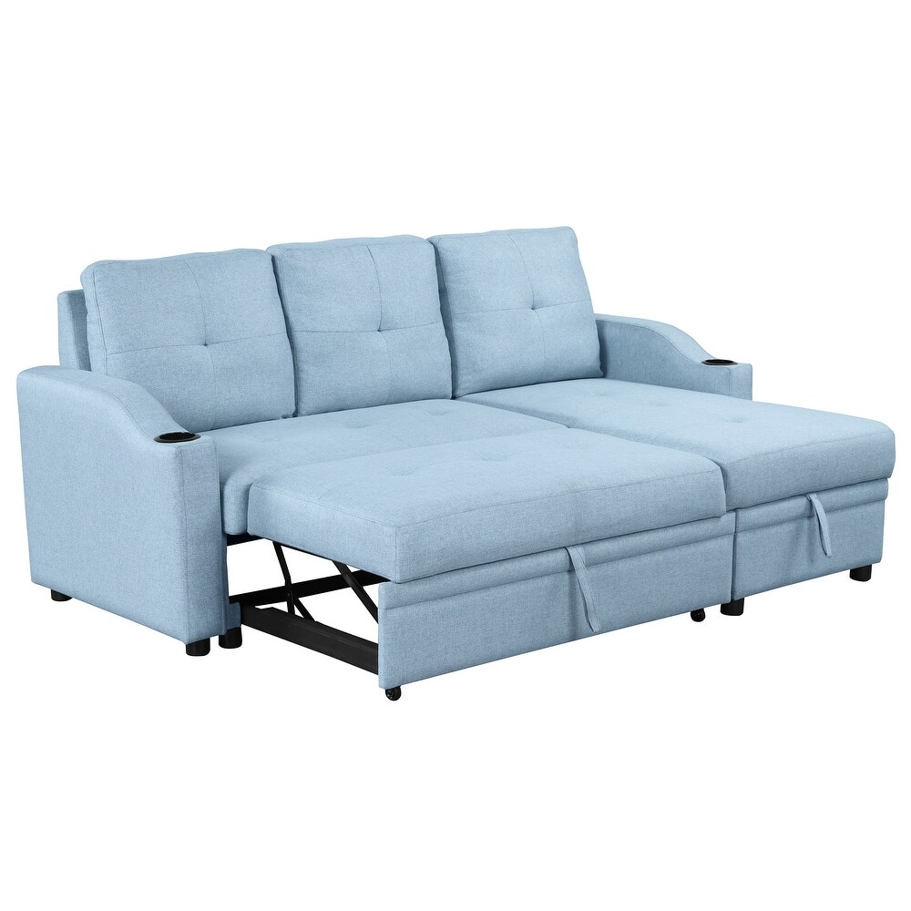 Pull Out Sectional Sofa Bed with Storage and Cup Holders