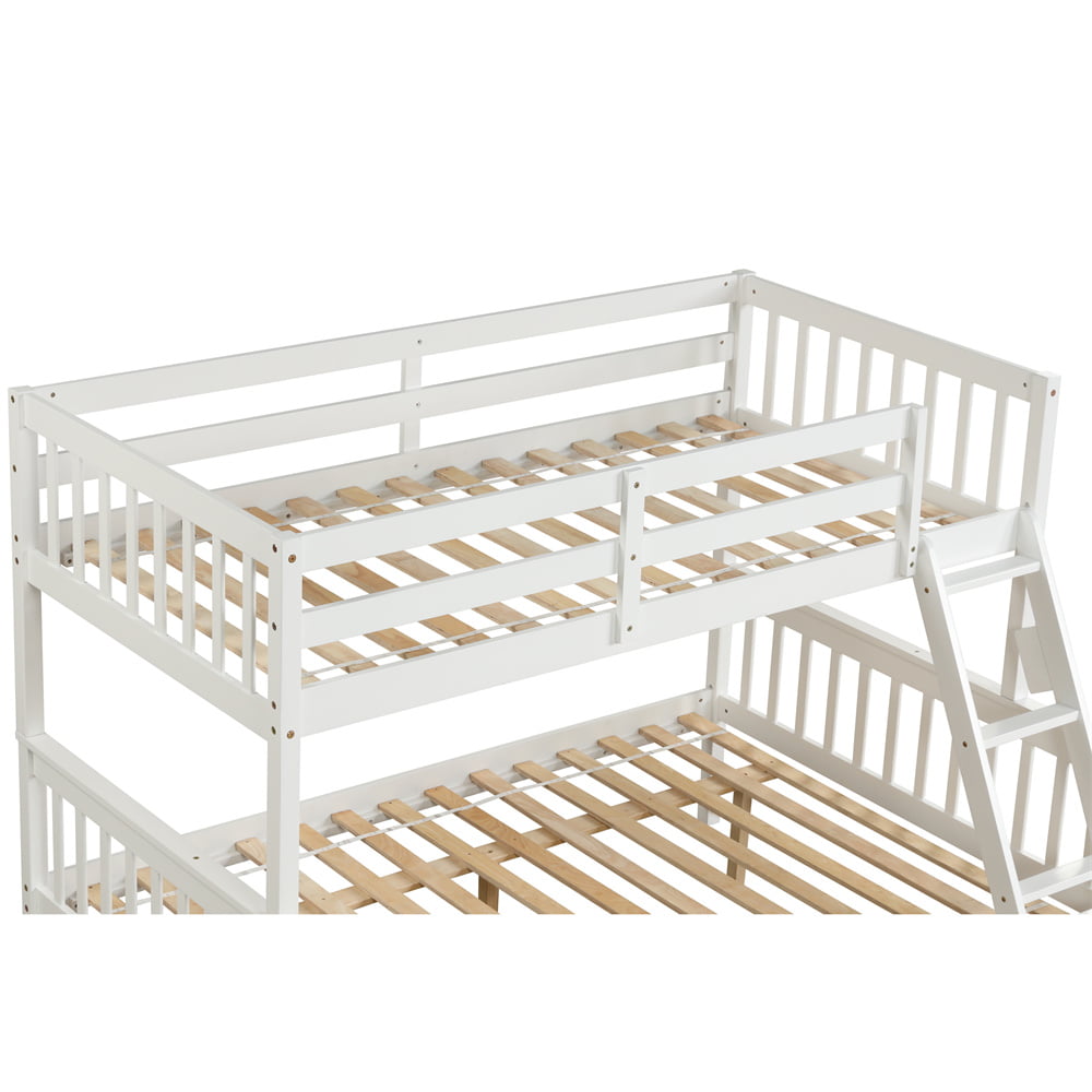 Twin Over Full Bunk Bed with Trundle, Wood Bed Frame with Ladder and Safety Rails for Kids, Teens, Adults, White