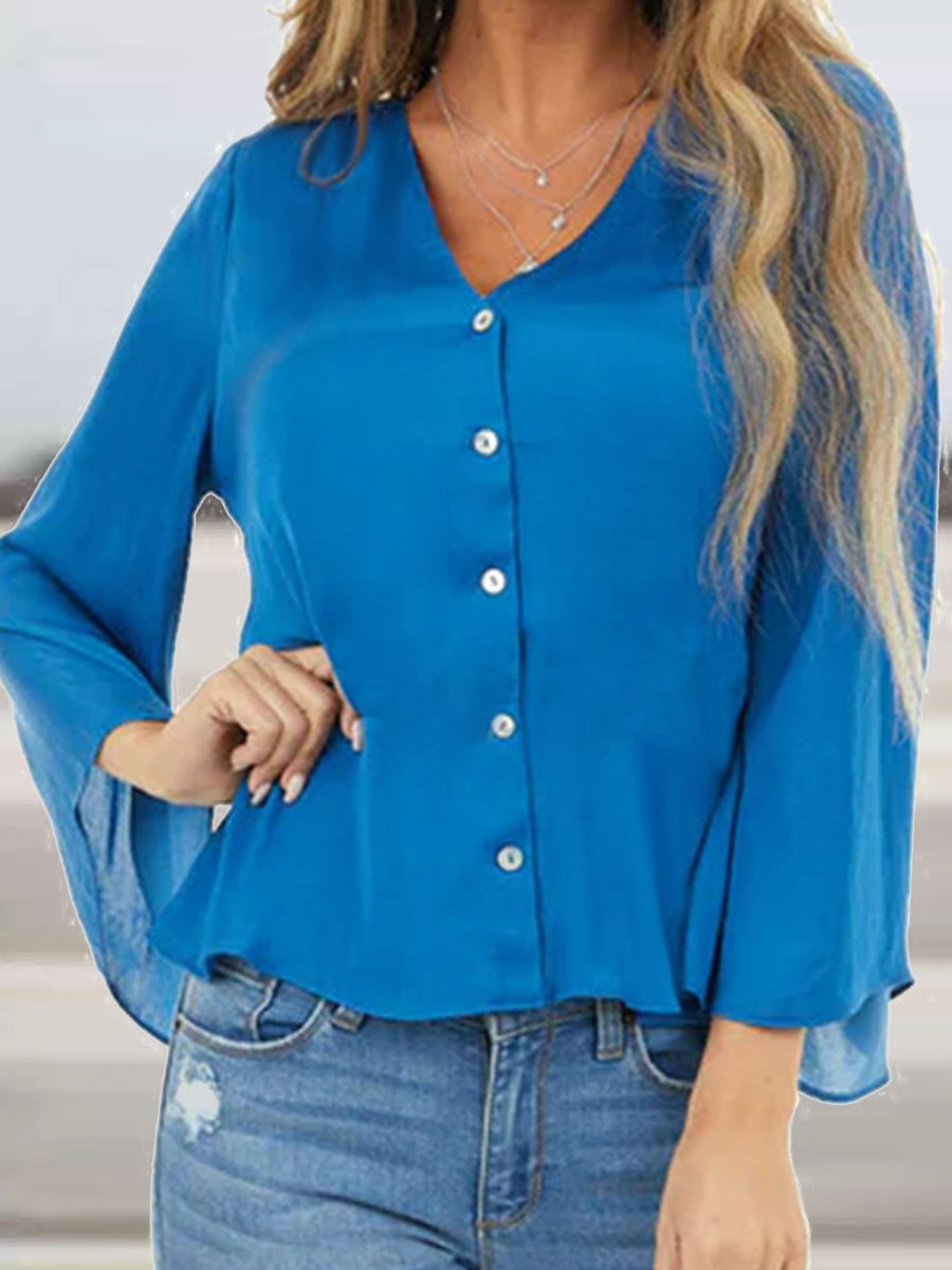 V-neck Casual Loose Single Breasted Solid Color Long Sleeve Blouse