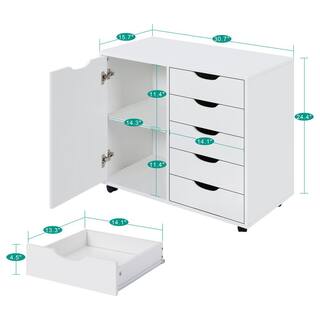 HOMESTOCK White 5 Drawer Wood Storage Dresser Cabinet with Shelves Wheels Craft Storage Makeup Drawer File Cabinet 99957