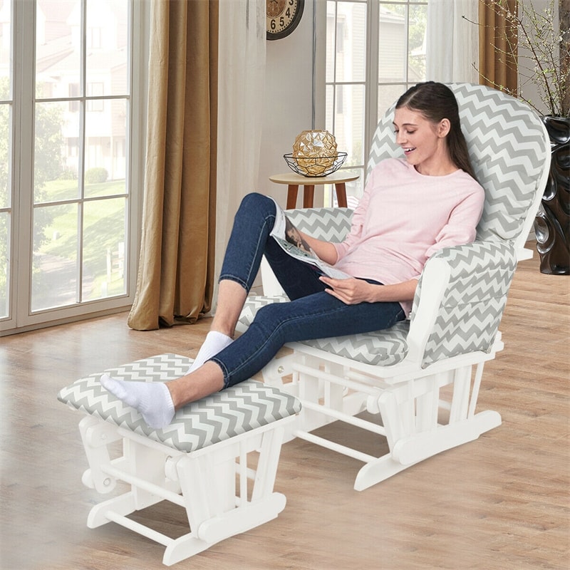 Wood Baby Glider Rocking Chair Nursery Chair with Gliding Ottoman & Storage Pocket