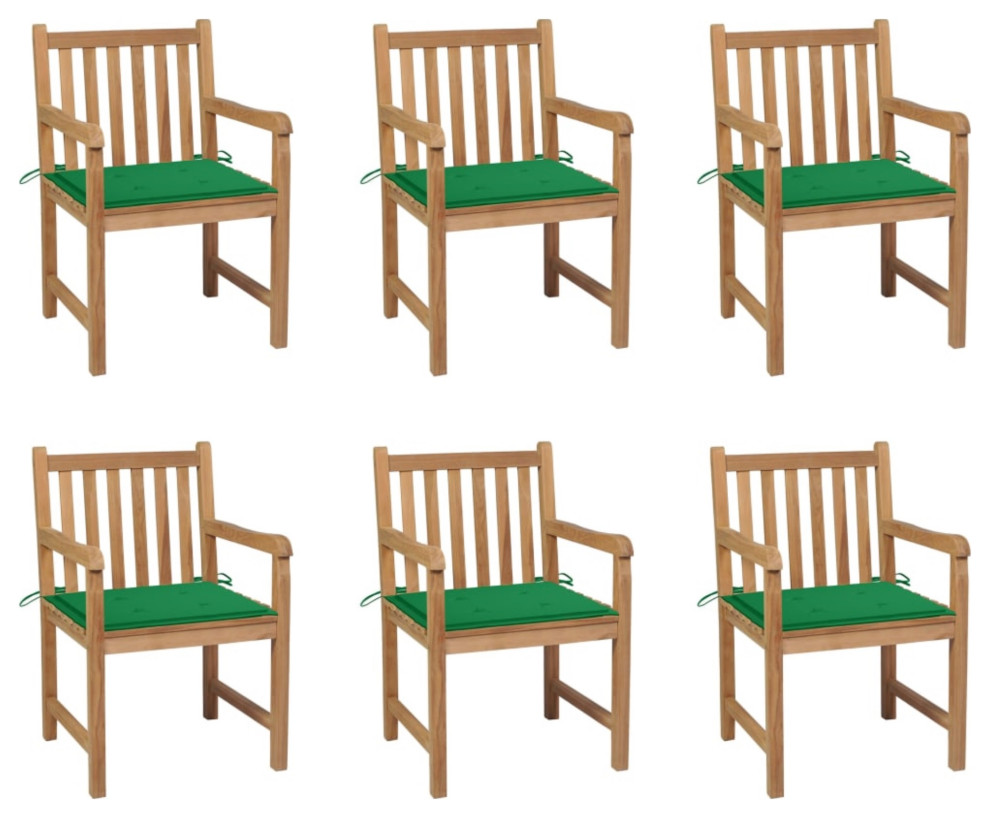 Vidaxl Garden Chairs  Set of 6  With Green Cushions Solid Teak Wood   Contemporary   Outdoor Dining Chairs   by Virventures  Houzz