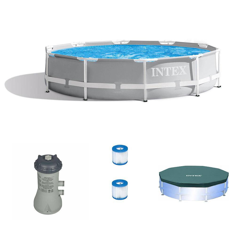 Intex 10 ft. Round 30 in. D Hard Side Above Ground Pool with Cartridge Filter Pump 2 Filters and Cover 26700EH + 28030E + 28637EG + 2 x 29007E