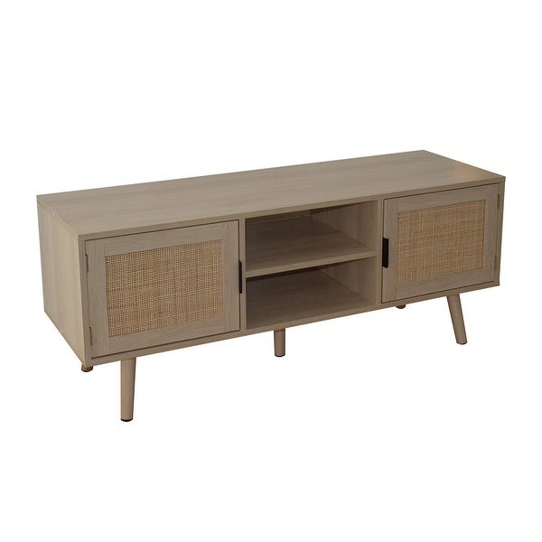 Anmytek 47 inch Natural Oak TV Stand Fits TVs Up to 55 in Entertainment Cabinet Media Console with Rattan Doors