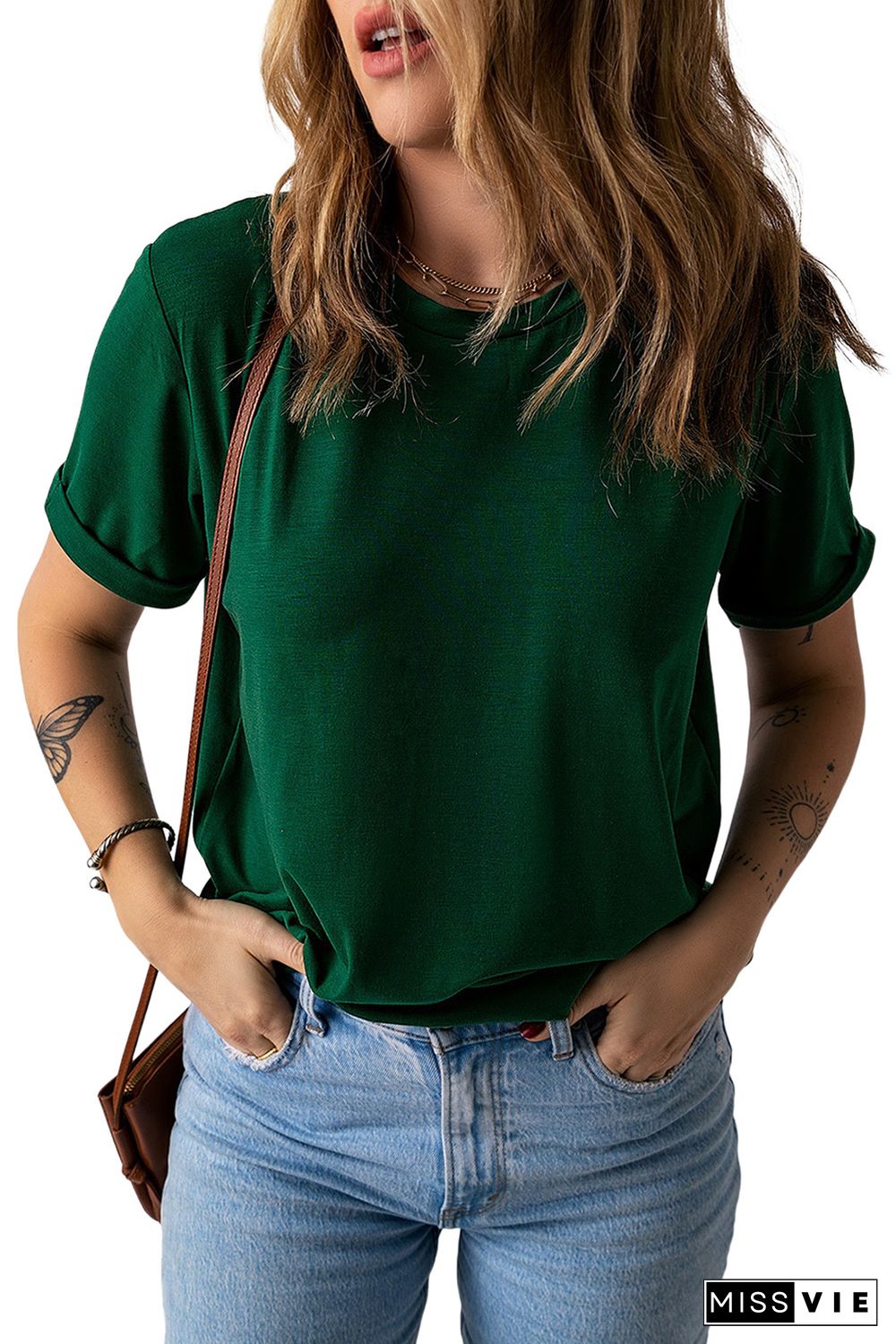 Green Solid Color Crew Neck Tee