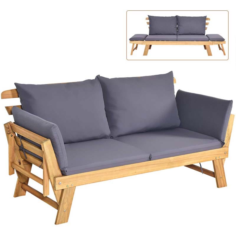 Acacia Wood Patio Daybed Convertible Couch Sofa Bed, Outdoor Folding Chaise Lounge Bench with Adjustable Armrest