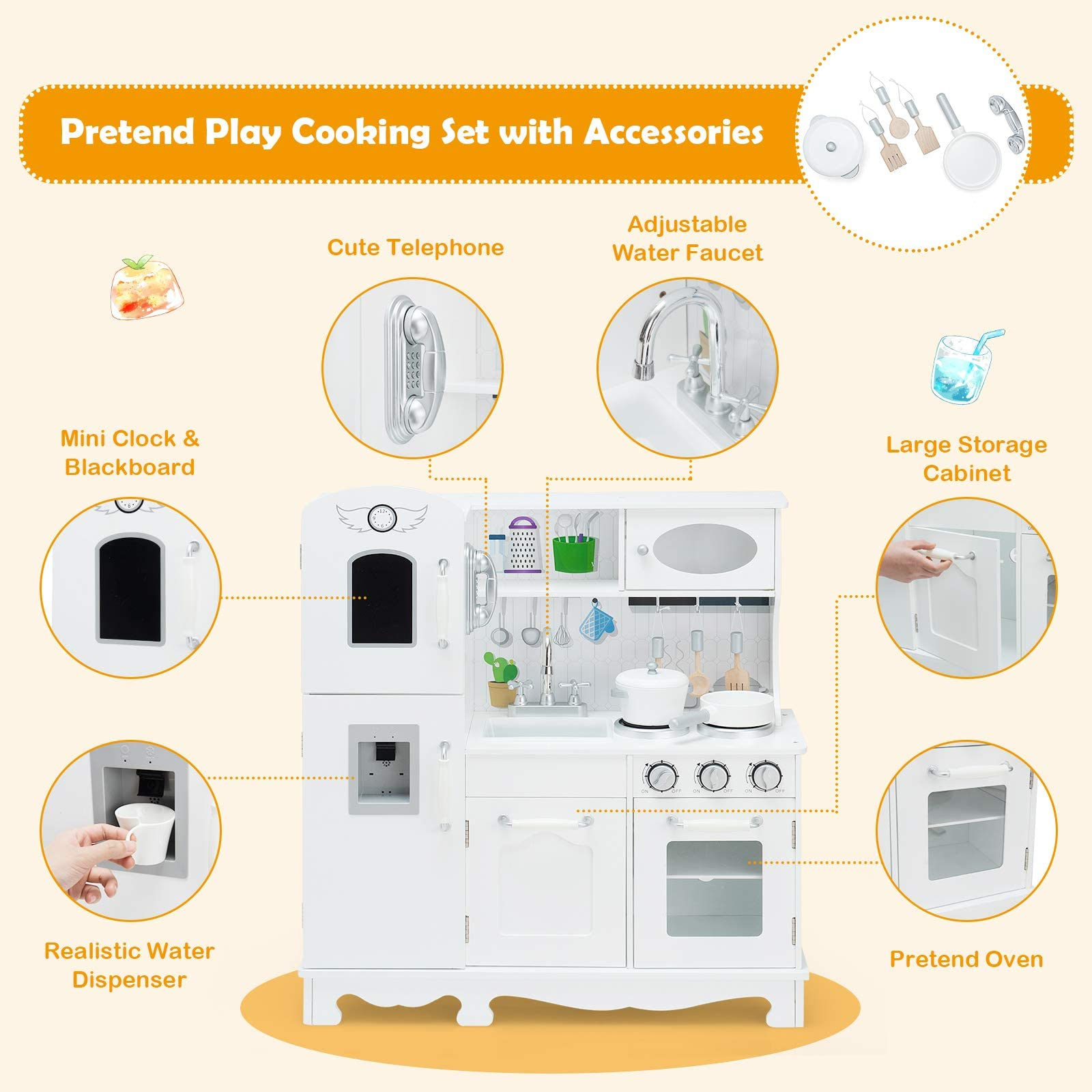 Costzon Kids Kitchen Playset, Wooden Pretend Cooking Playset w/ Stove, Fridge, Microwave, Removable Sink