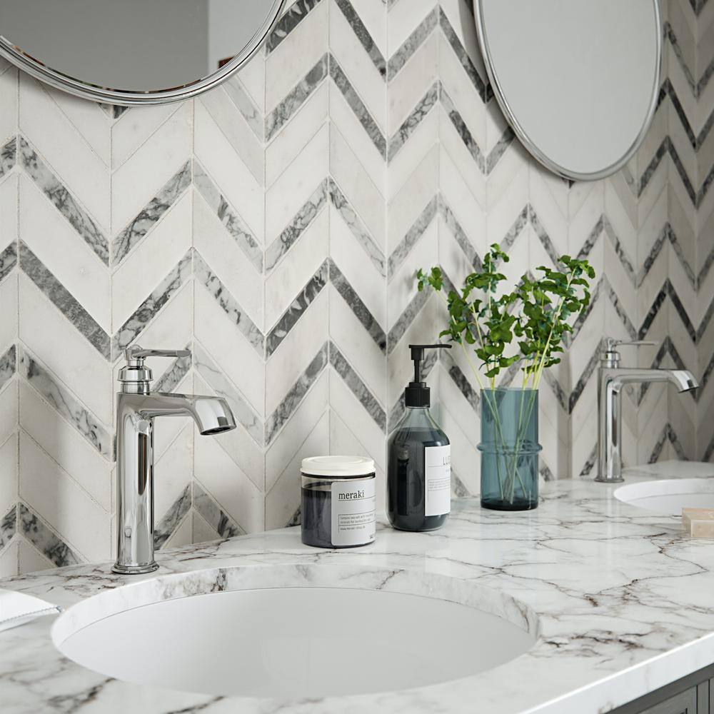 Jeffrey Court Glacier Edge White and Gray 9.875 in. x 11.25 in. Chevron Honed Marble Floor and Wall Mosaic Tile (0.771 sq. ft.Each) 95672