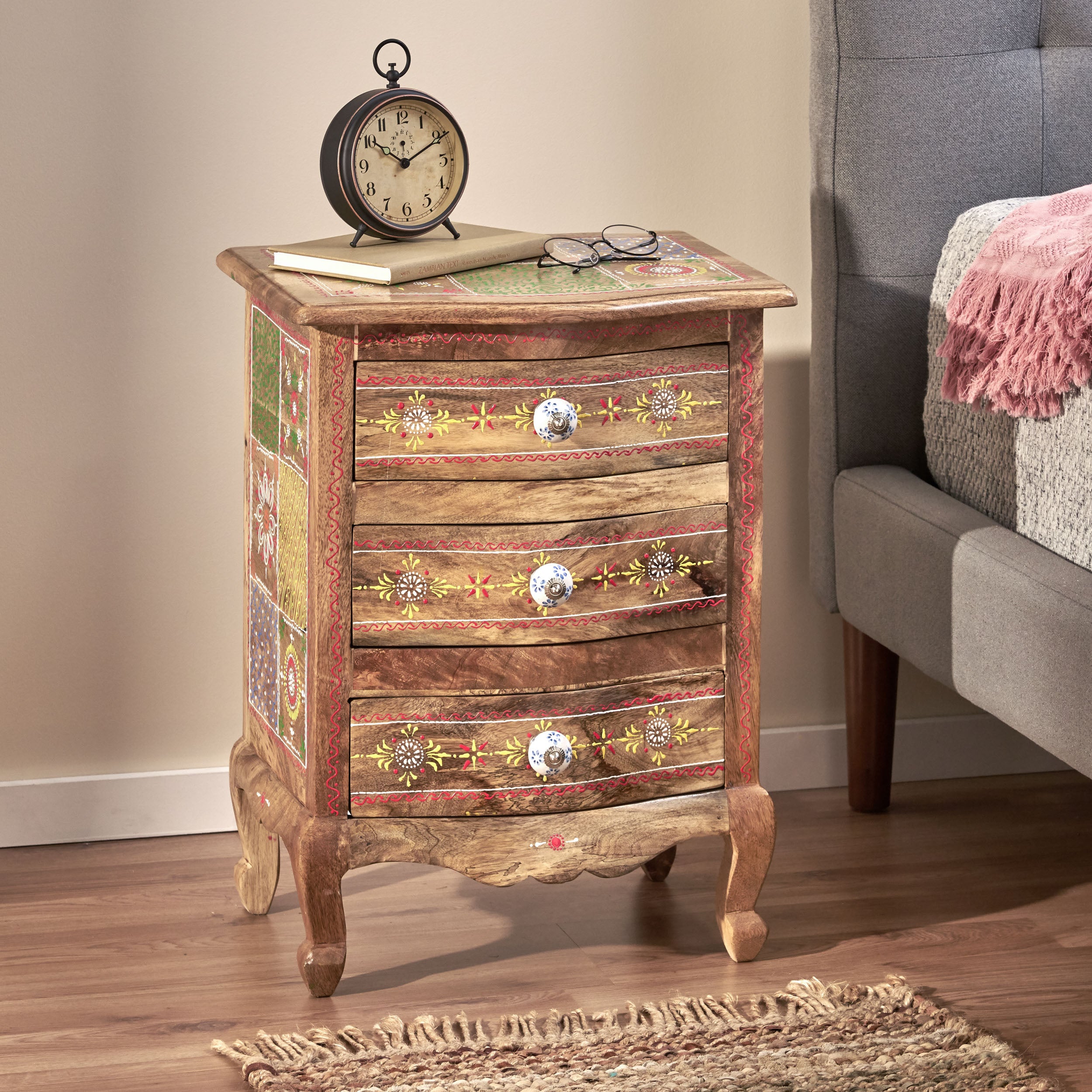 Valdosta Handcrafted Boho Mango Wood 3 Drawer Nightstand