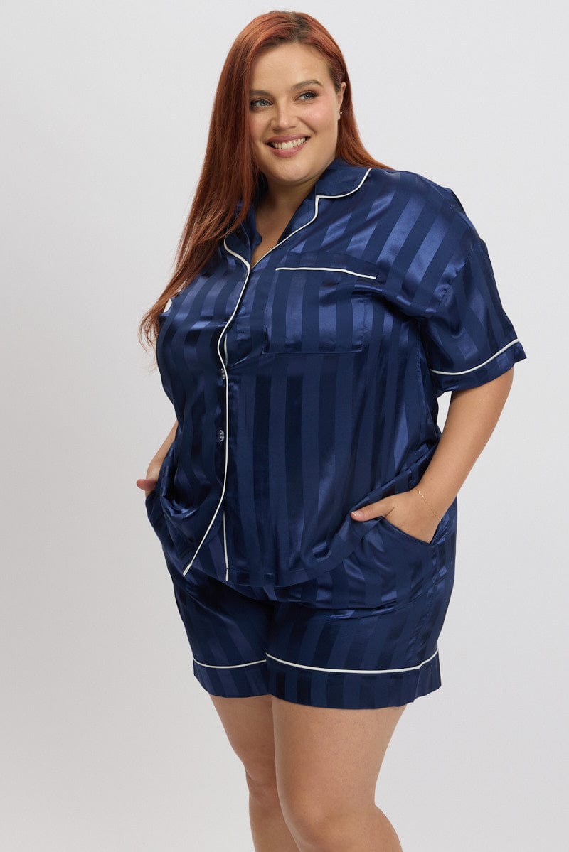 Blue Stripe Satin Pajamas Set Short Sleeve