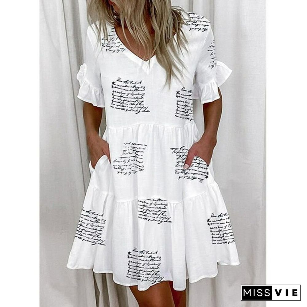 Fashion Short Printed Ruffle Pocket Dress Women Casual Loose Shoprt Sleeve Boho Dress Vestidos De Mujer