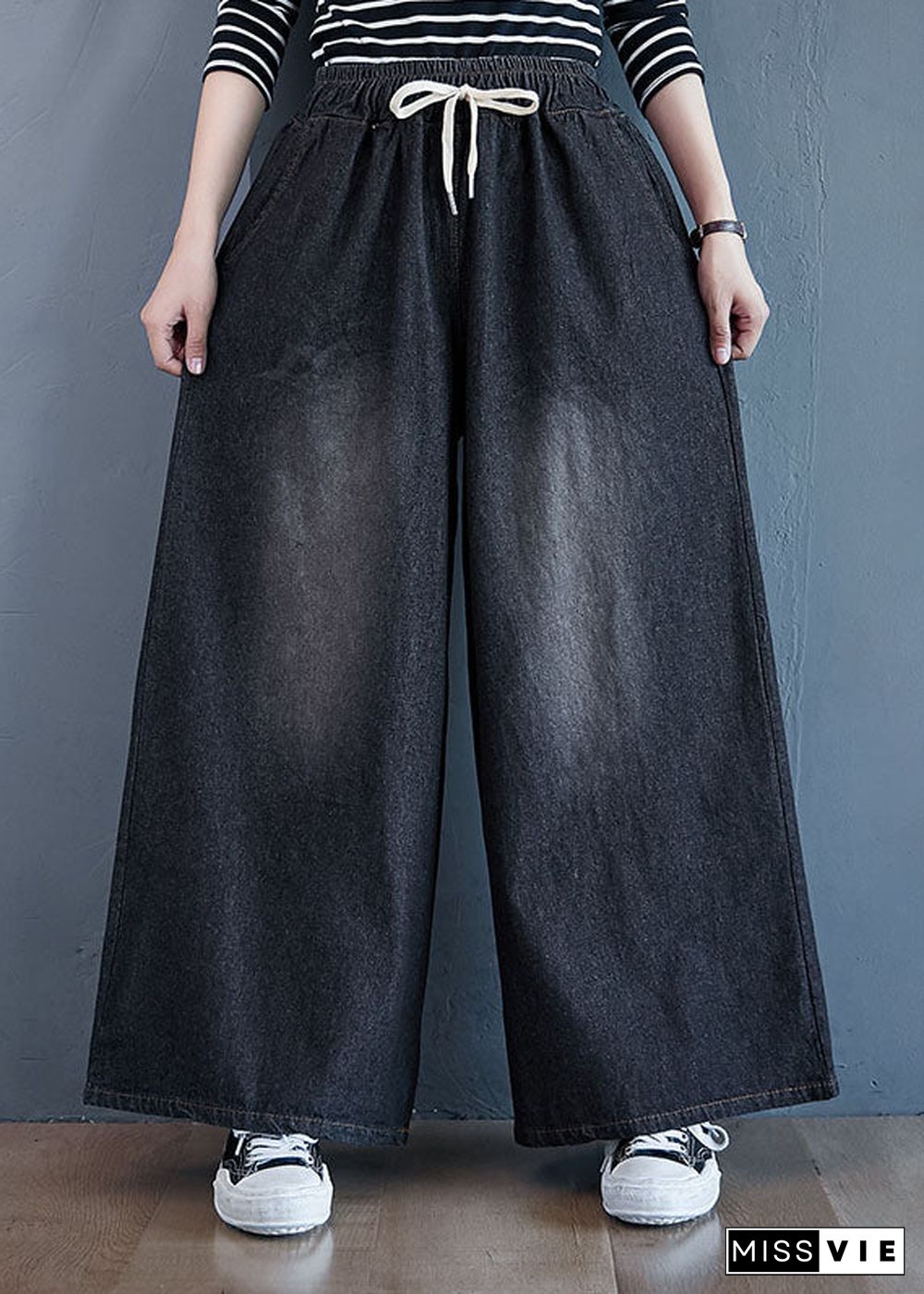 Black Pockets Patchwork Denim Wide Leg Pants Elastic Waist Spring