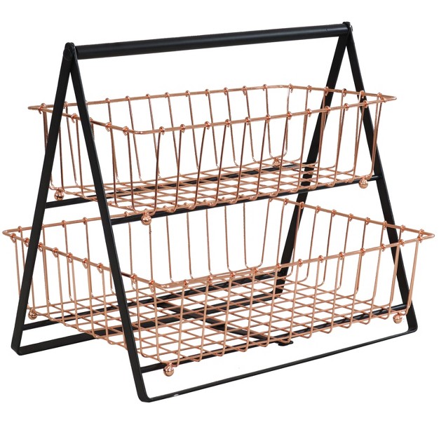 Sunnydaze Indoor Rectangle Iron 2 tier Decorative Storage Basket For Kitchen Countertop Copper