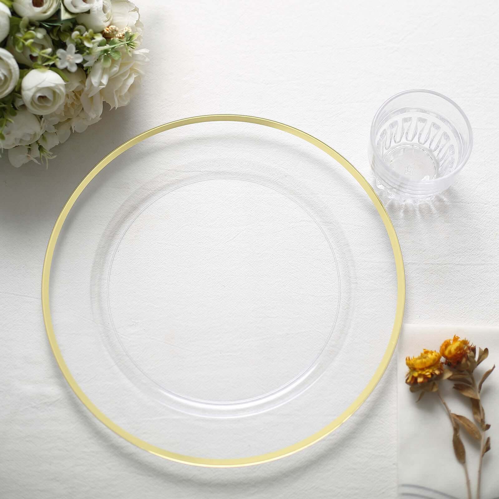 10 Pack Clear Economy Plastic Charger Plates With Gold Rim, Round Dinner Chargers Event Tabletop Decor - 12