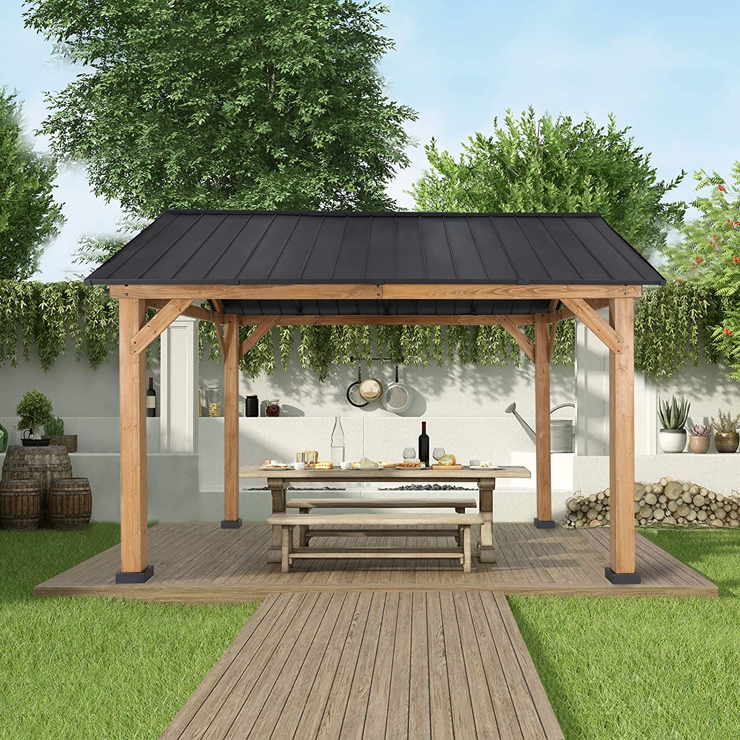 Yoleny 13'x 11' Solid Wood Patio Gazebo, Cedar Framed Outdoor Pavilion Cabana with Black Steel Gable Hardtop Roof, 12'x 10' Frame, Black