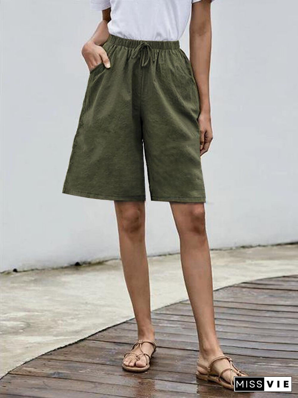 Solid Color Elastic Waist Drawstring Casual Shorts