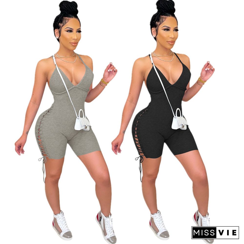 Women Summer Solid Color Deep V Neck Sleeveless Casual Side Lace Up Backless Bodycon Romper