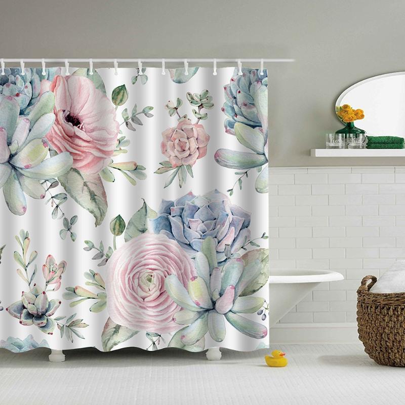 Green Leaves Printed Marine Polyester Waterproof Shower Curtain With 12pc Hook Mildew Resistant Bath Curtain Home Bathroom Decor