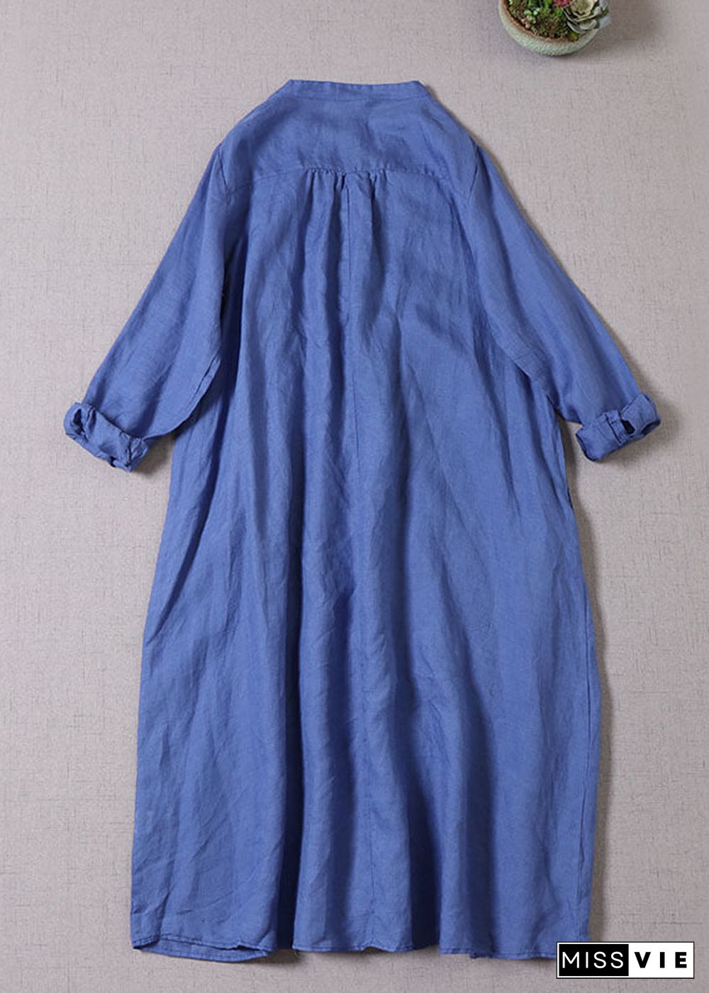 Bohemian Blue Button wrinkled Linen Dresses Long Sleeve