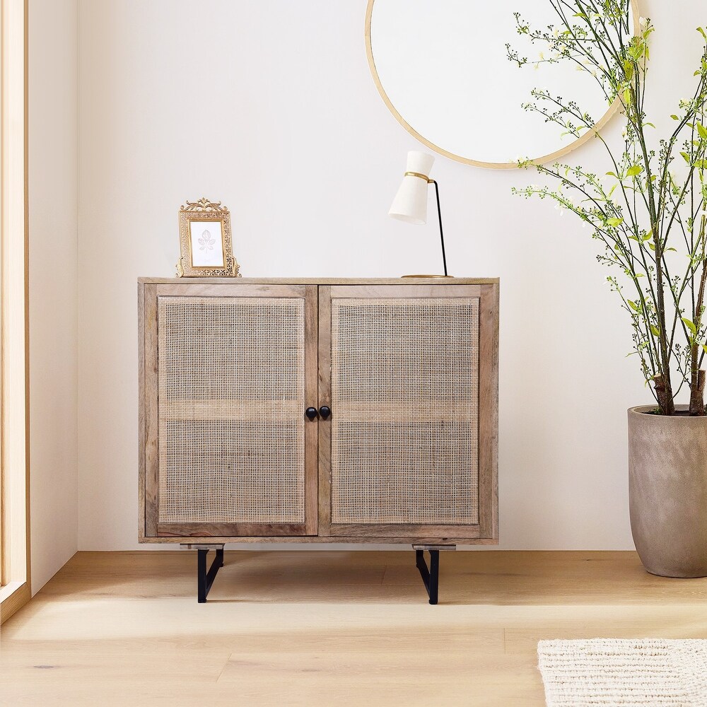 35 Inch Handcrafted Accent Cabinet with 2 Mesh Rattan Doors  Black Iron Legs Natural Brown Mango Wood Frame