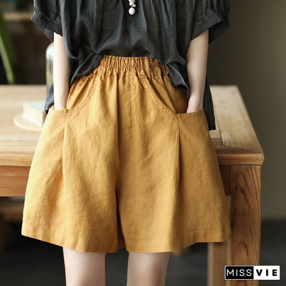 Summer New All-Match Pure Linen High Waist Shorts Elastic Waist Loose And Thin Wide-Leg Pants Casual Solid Color Shorts Woman