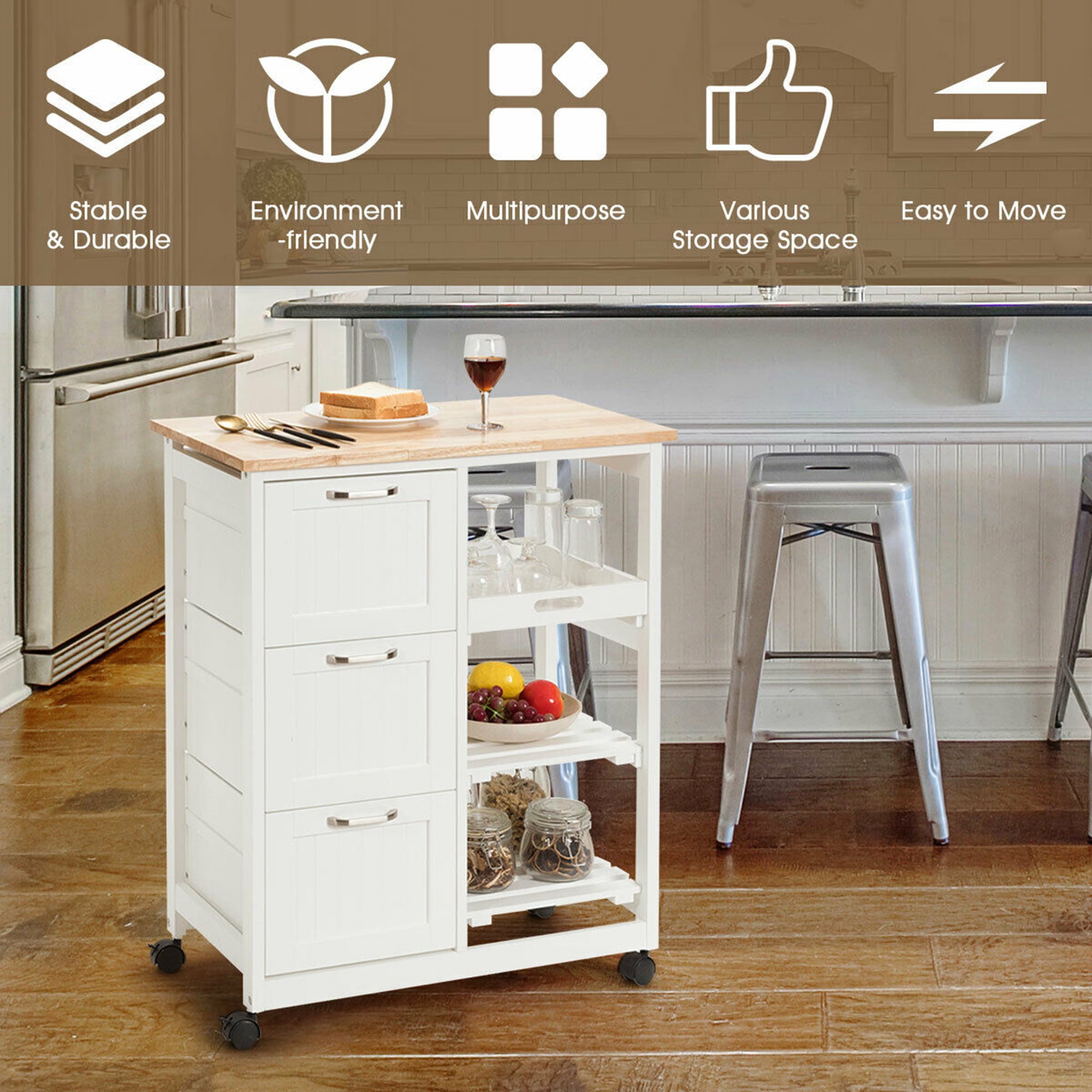 Gymax Rolling Kitchen Island Utility Storage Cart w/ 3 Storage Drawers and Shelves White