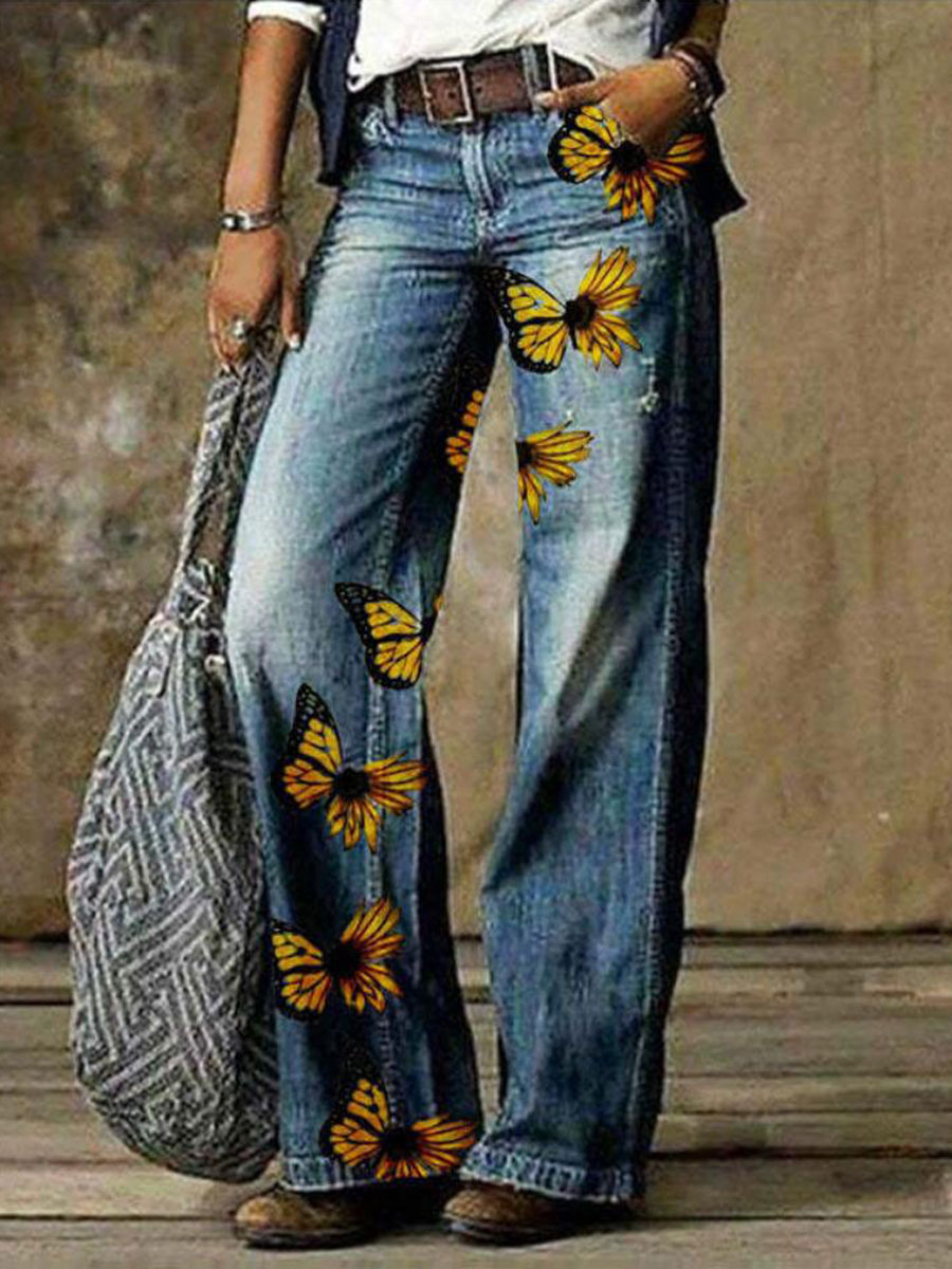 Casual Loose Butterfly Print Jeans