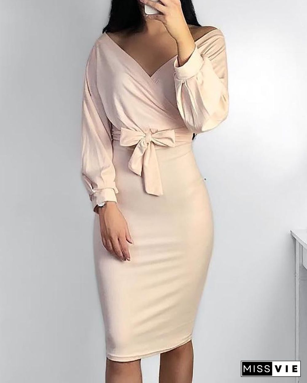 Off Shoulder Twisted Waist Tie Sexy Midi Dress P13670