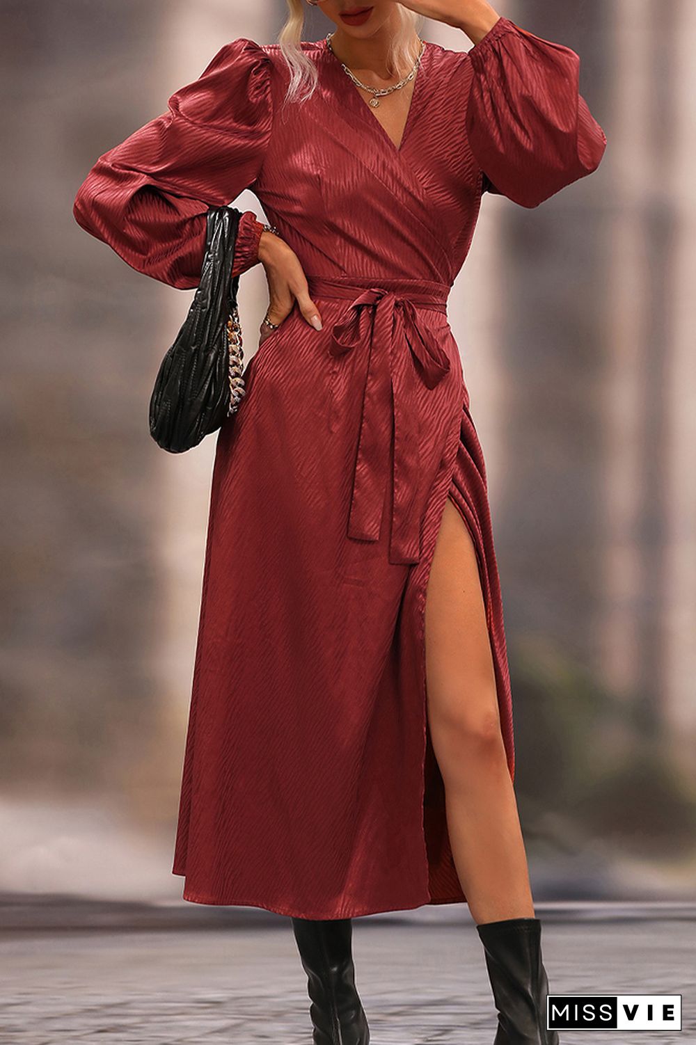 Surplice V Neck Puffy Sleeves Texture Woven Maxi Dress