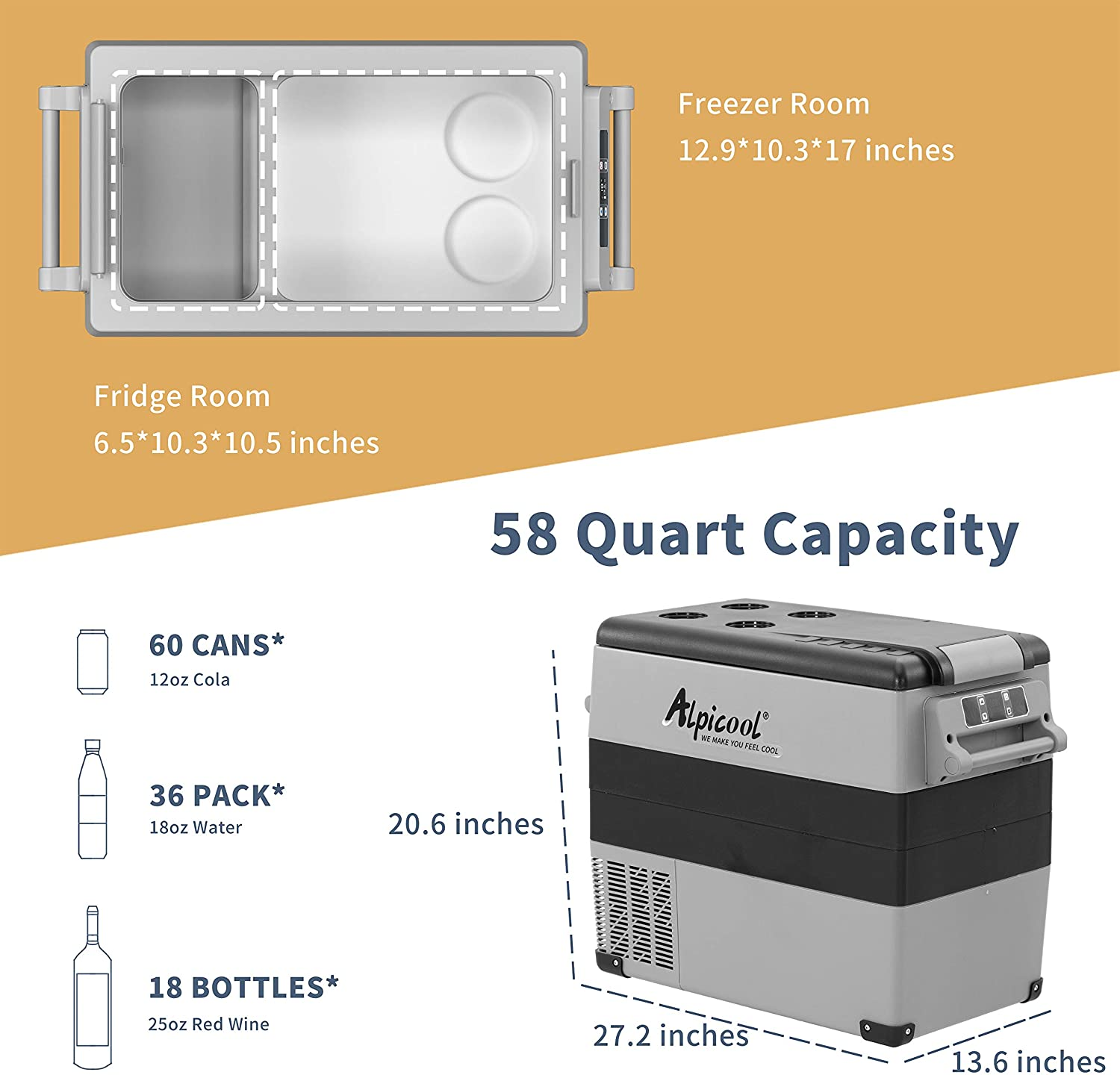 Alpicool CF55 Portable Refrigerator with SC12 Soft Cooler, 12 Volt Car Freezer 58 Quart(55 Liter) Vehicle, Car, Truck, RV, Boat, Mini fridge freezer for Driving, Travel, Fishing, Outdoor -4°F to 68°F