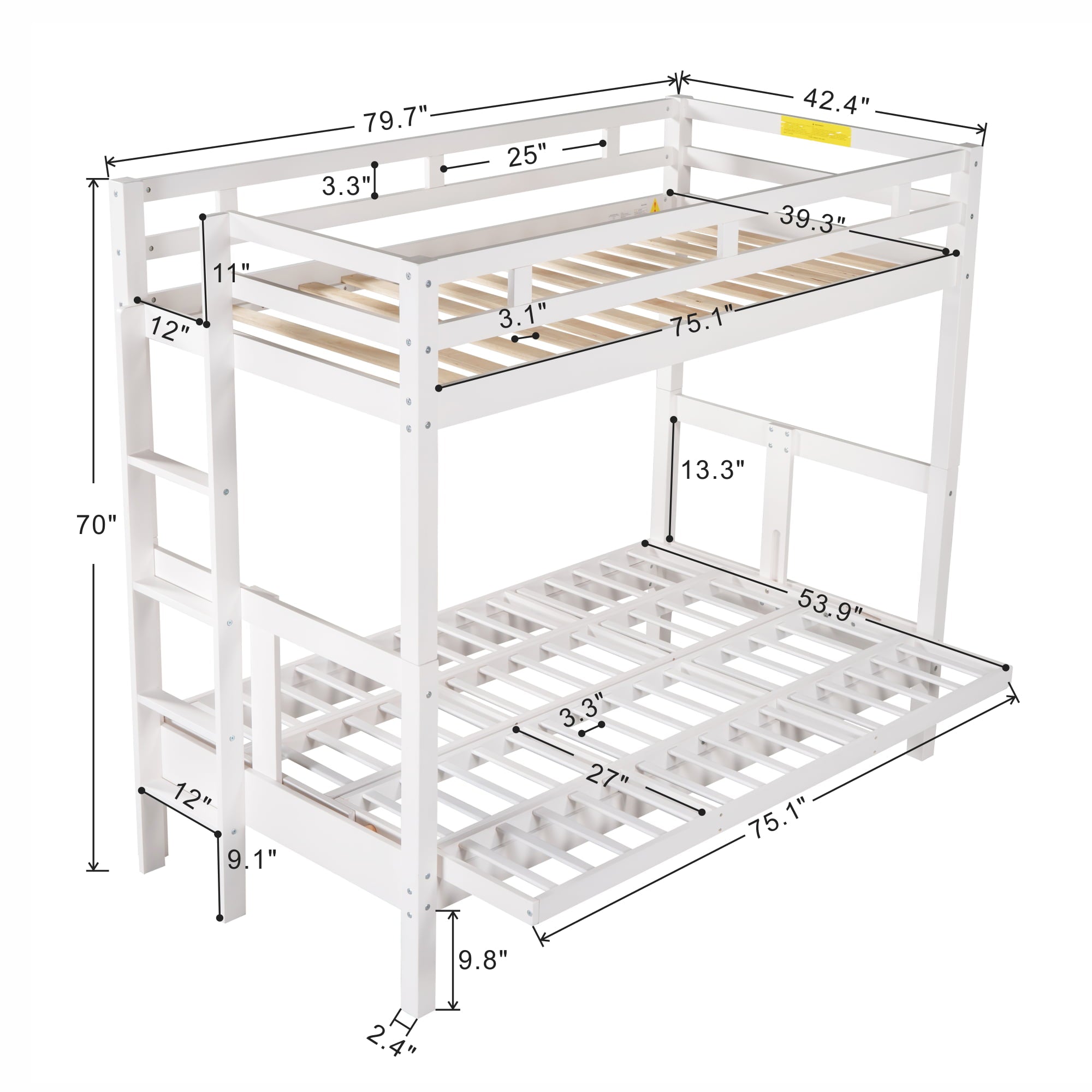 Bellemave Twin Over Full/Futon Bunk Beds, Wood Bunk Bed Frame can be Converted into Couch, 2 in 1 Detachable Bunk Bed for Kids Teens Adults (White)