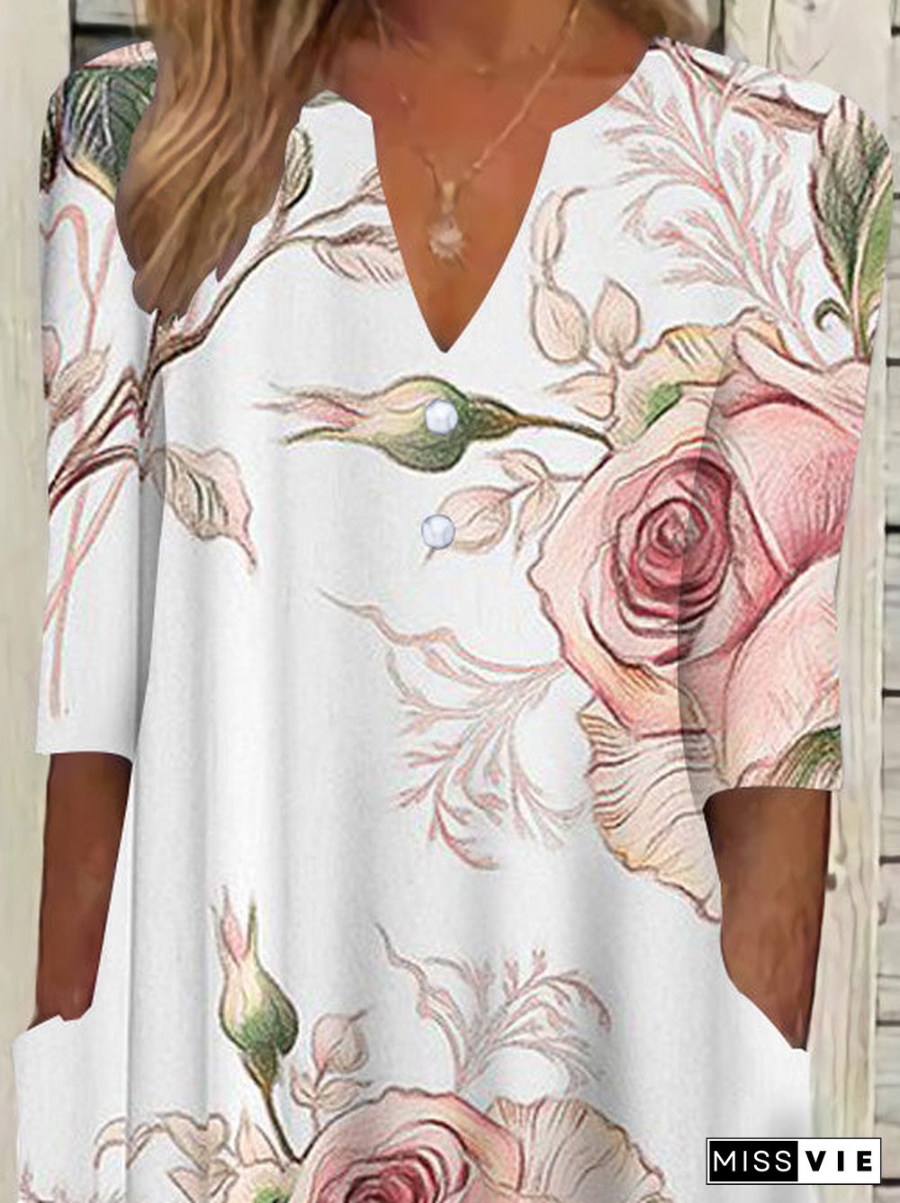 Women's Short Sleeve V-neck Pink Floral Printed Midi Dress