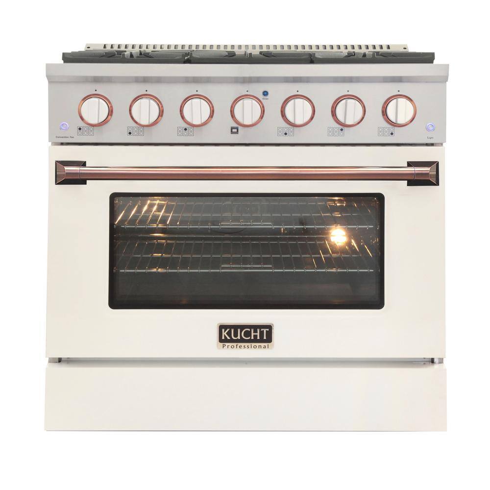 Kucht Custom KNG 36 in. 5.2 cu. ft. Natural Gas Range with Convection Oven in White with White Knobs and Rose Handle KNG361-W-ROSE