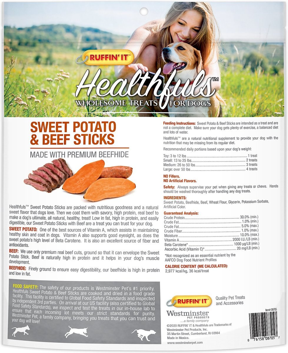 RUFFIN' IT Healthfuls Sweet Potato and Beef Sticks Dog Treats， 75 count