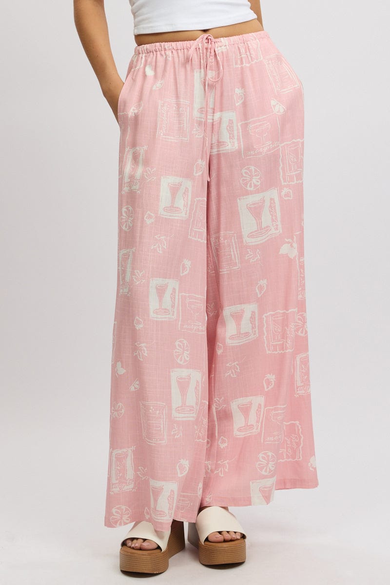 Pink Abstract Wide Leg Pants High Rise