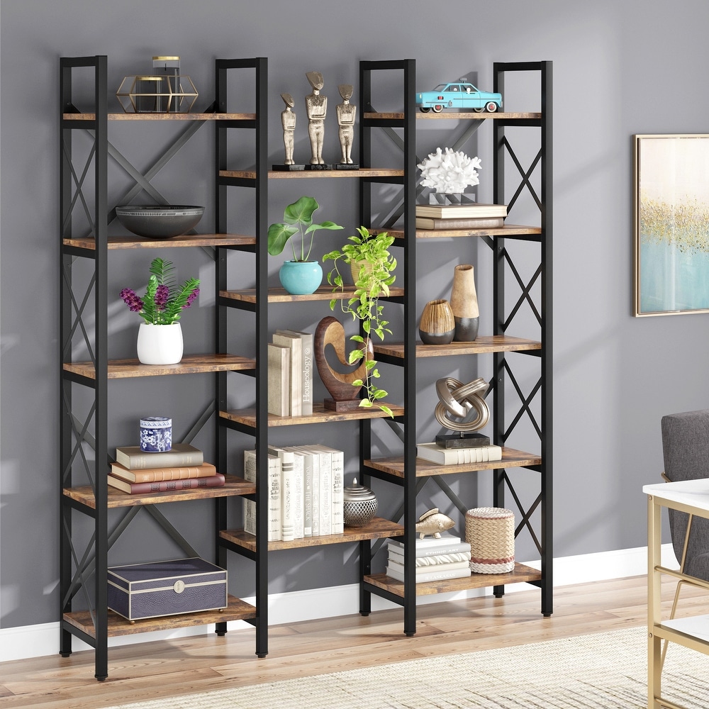 Triple Wide 5 Shelf Bookcase  Etagere Large Open Bookshelf Vintage Industrial Style Shelves Wood and Metal bookcases