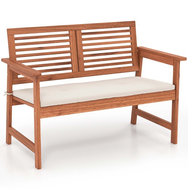 Costway Patio Bench Outdoor Solid Wood Loveseat Chair With Backrest amp Cushion Porch Garden