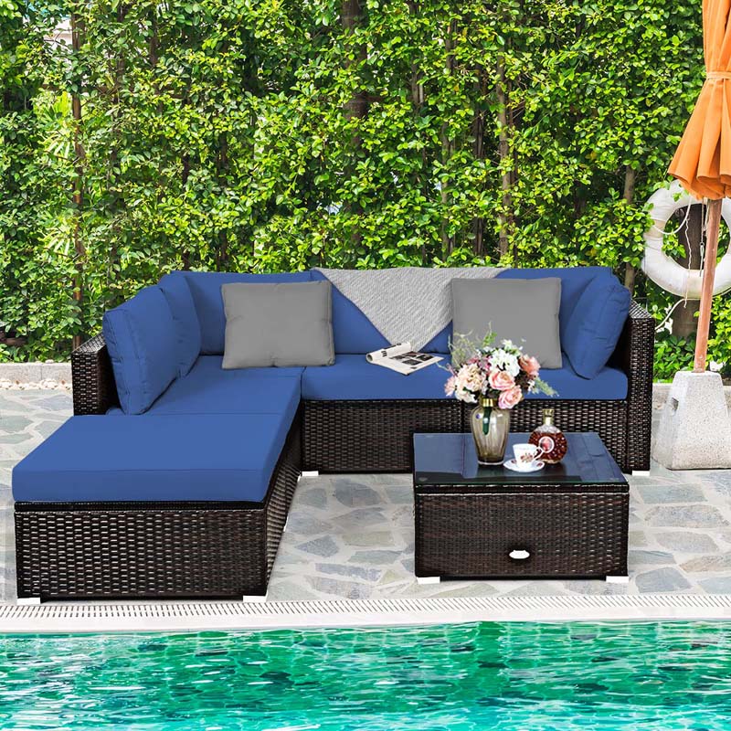 6 Pcs Outdoor Rattan Sectional Sofa Set with Coffee Table & Removable Seat & Back Cushions