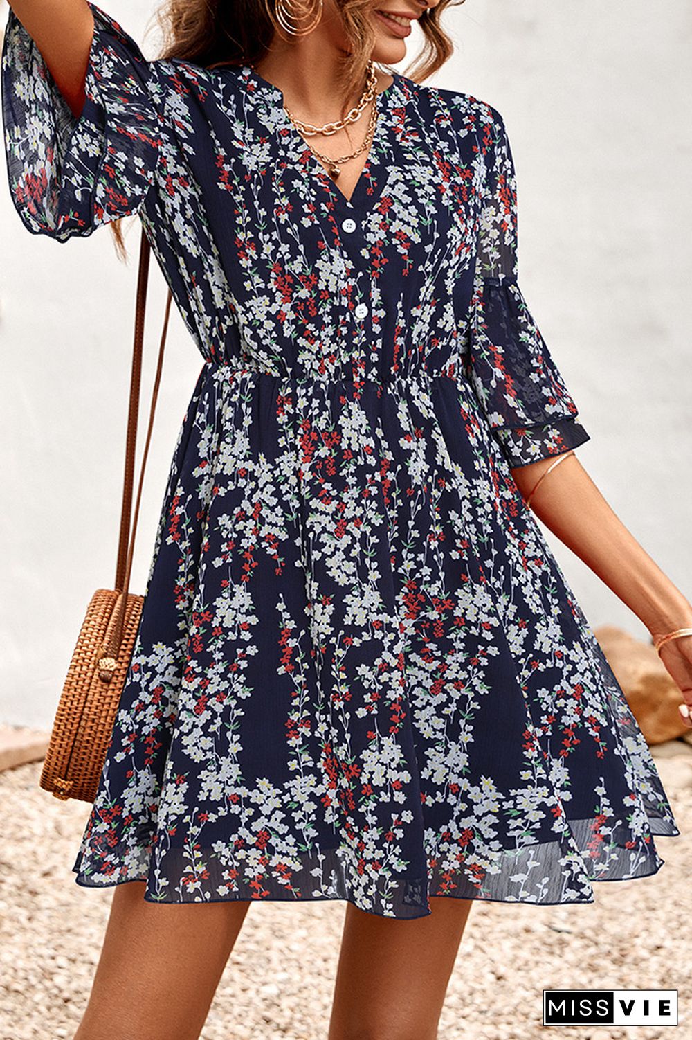 V Neck Buttoned Down High Waist Floral Dress