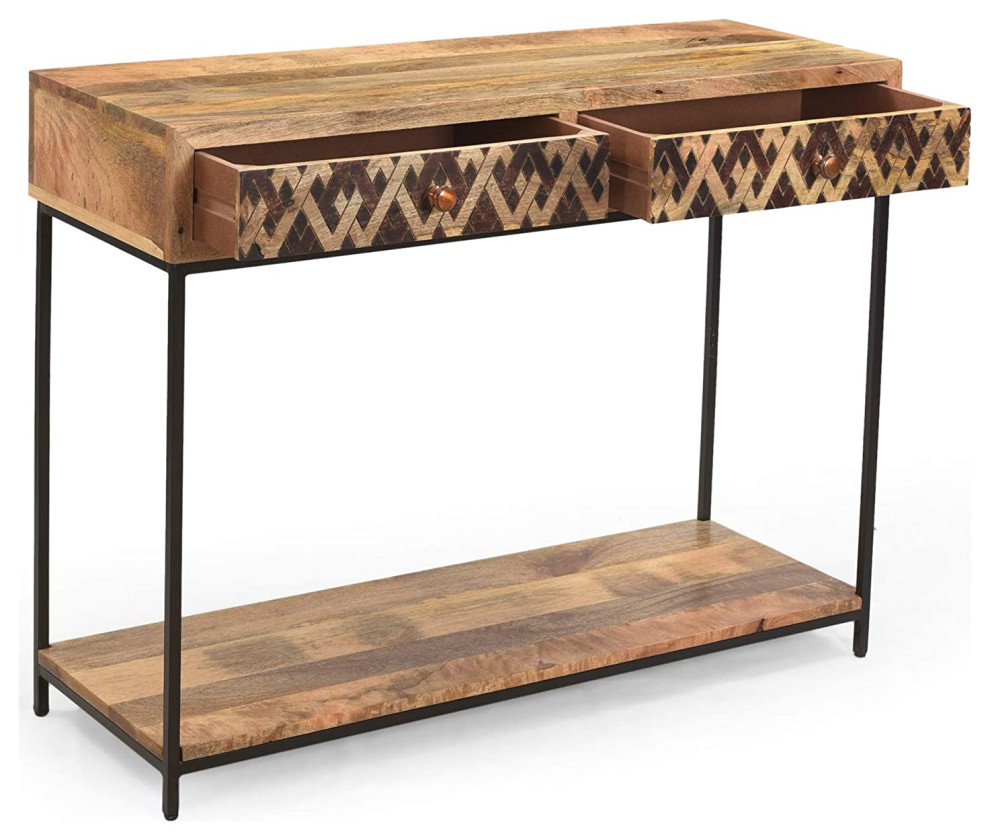 Industrial Console Table  Lower Shelf  amp2 Drawers With Patterned Front  Brown   Transitional   Console Tables   by Decor Love  Houzz