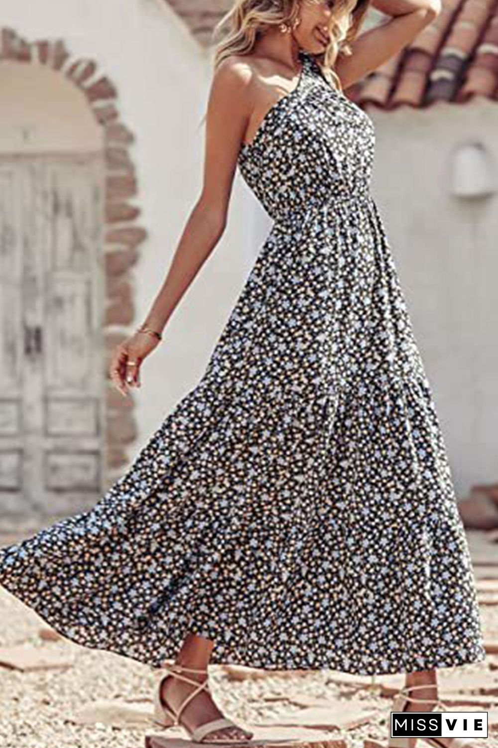 Floral Print One Shoulder High Waist Dress Wholesale