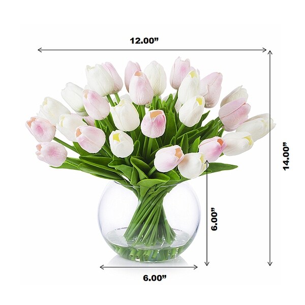 Enova Home Artificial Pink White Real Touch Tulips Fake Silk Flowers Arrangement in Clear Glass Vase for Home Office Decoration