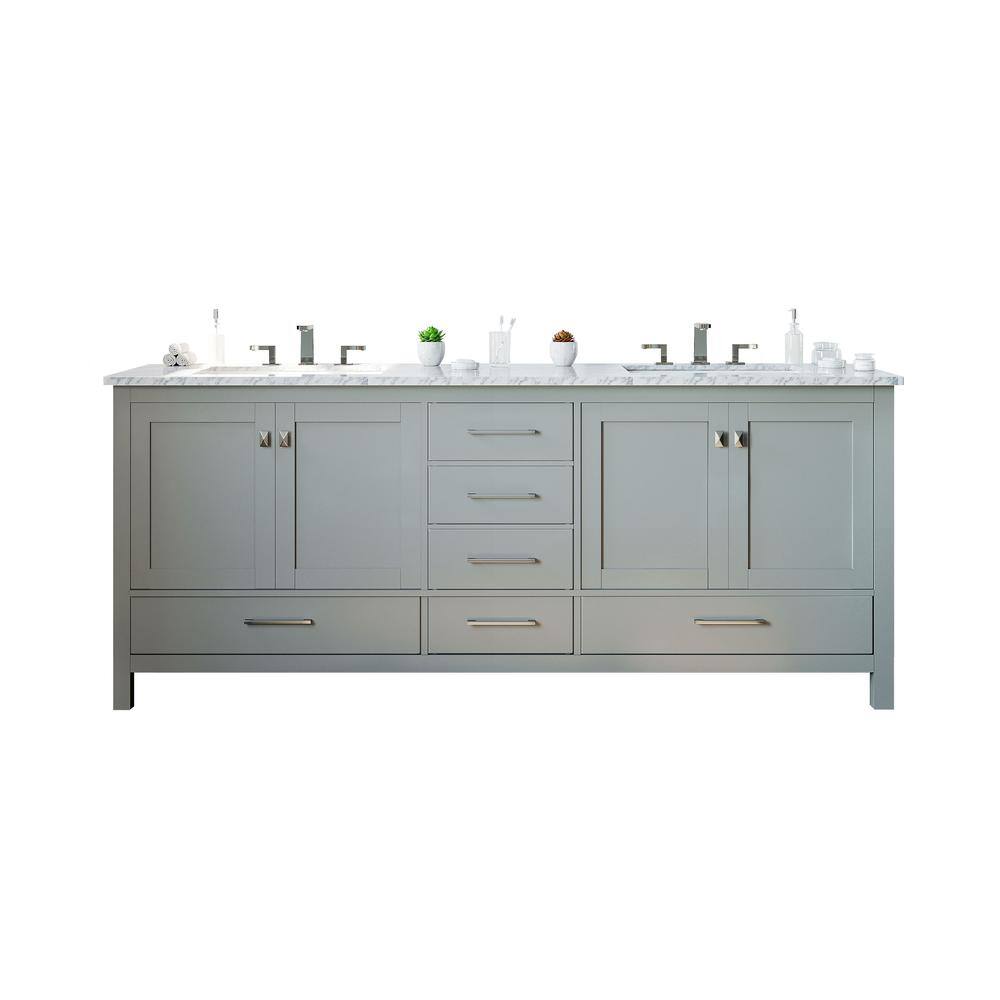 Eviva Aberdeen 84 in. W x 22 in. D x 35 in. H Double Bath Vanity in Gray with White Carrara Marble Top with White Sinks EVVN412-84GR