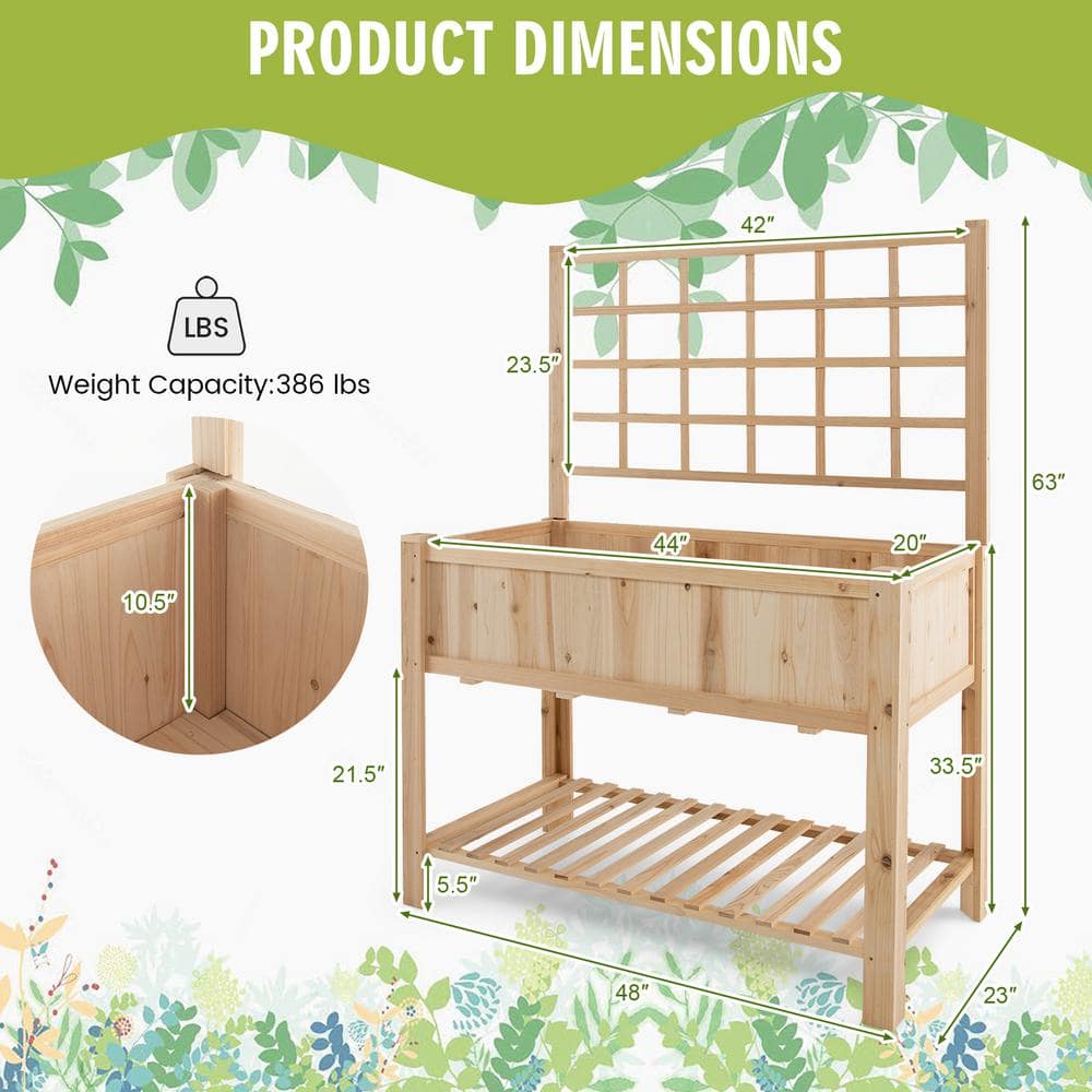 HONEY JOY 48 in. x 23 in. x 63 in. Wood Raised Garden Bed with Trellis Elevated Planter Box with Bed Liner Bottom Storage Shelf TOPB006552