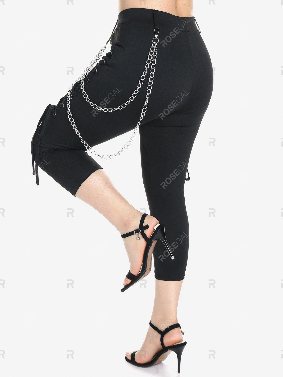 Lace Insert Handkerchief T Shirt and Lace Up Chains Gothic Capri Pants Plus Size Summer Outfit