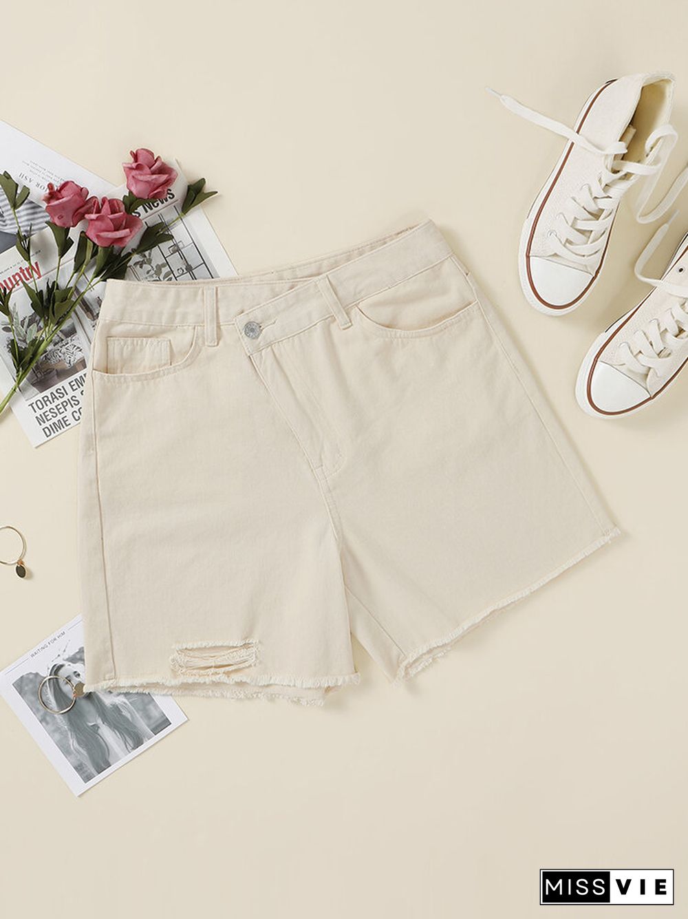 Asymmetrical High Waist Pocket Frayed Edge Denim Shorts