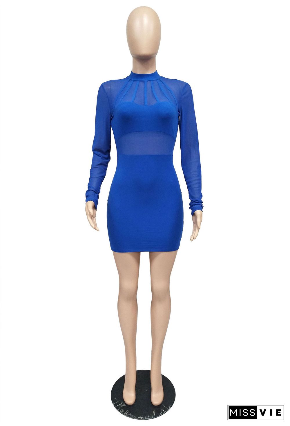 Elegant Mesh Gauze Stitching Long Sleeve Bag Hip Bodycon Dress